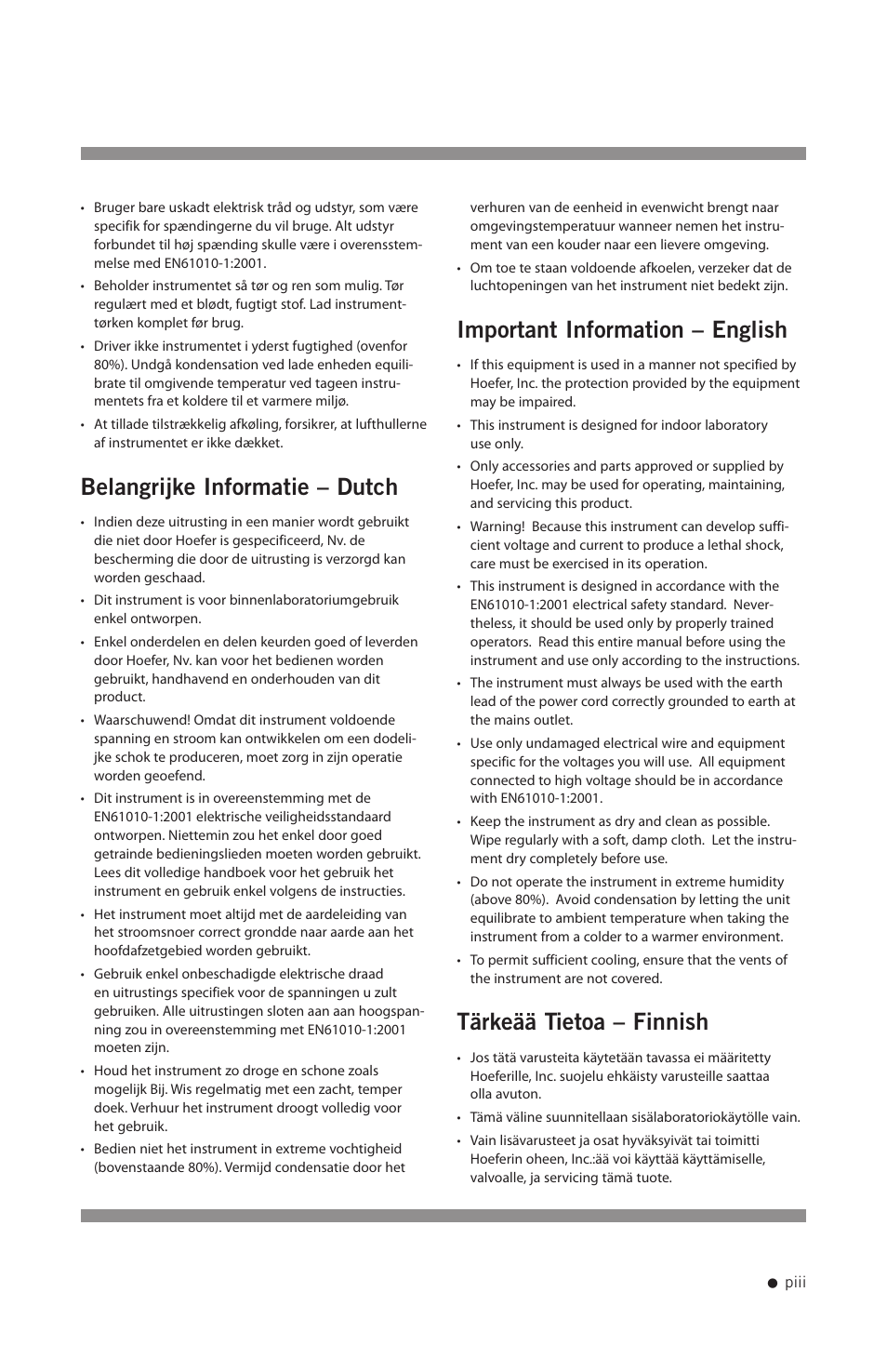 Belangrijke informatie – dutch, Important information – english, Tärkeää tietoa – finnish | Hoefer PCR1000 User Manual | Page 4 / 19