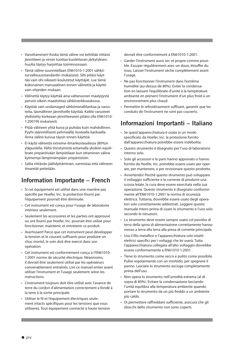 Information importante – french, Informazioni importanti – italiano | Hoefer PCR1000 User Manual | Page 5 / 19