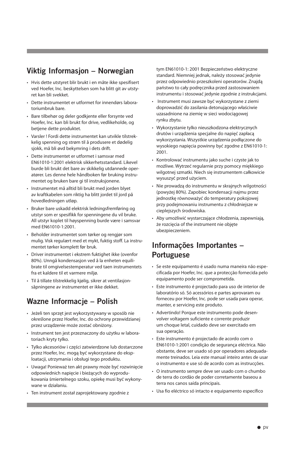 Viktig informasjon – norwegian, Wazne informacje – polish, Informações importantes – portuguese | Hoefer PCR1000 User Manual | Page 6 / 19