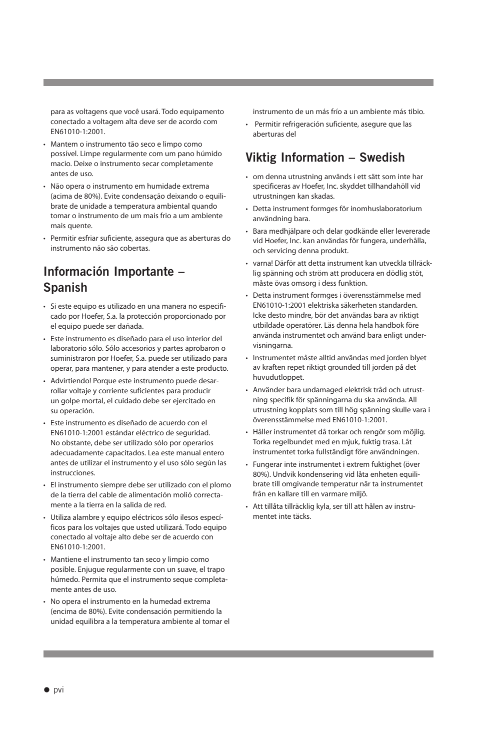 Información importante – spanish, Viktig information – swedish | Hoefer PCR1000 User Manual | Page 7 / 19