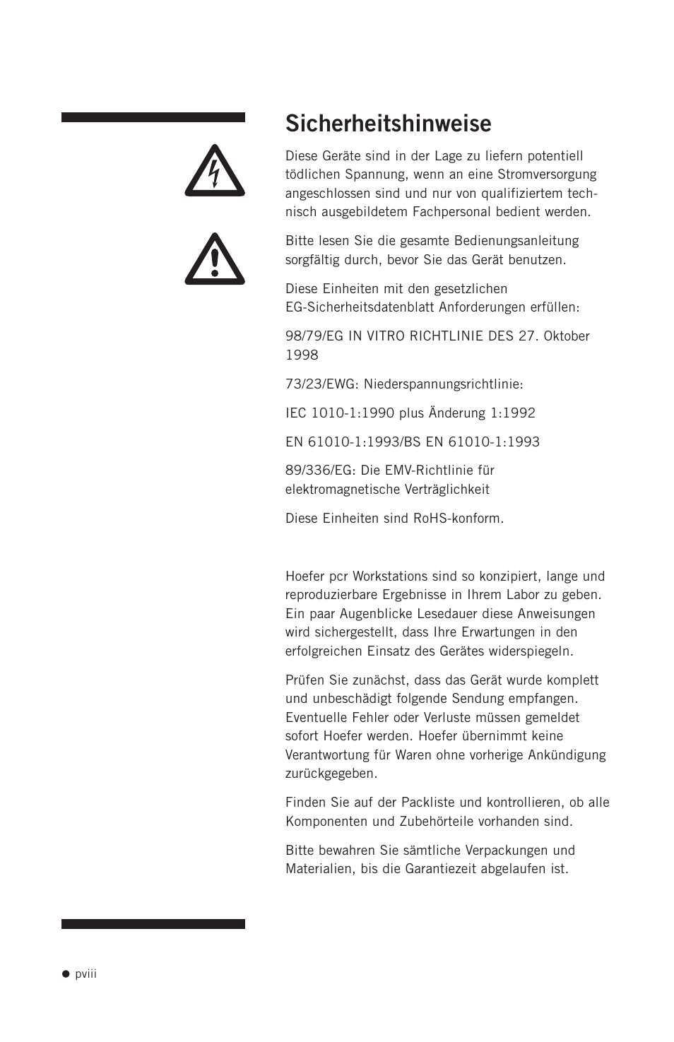 Sicherheitshinweise | Hoefer PCR1000 User Manual | Page 9 / 19