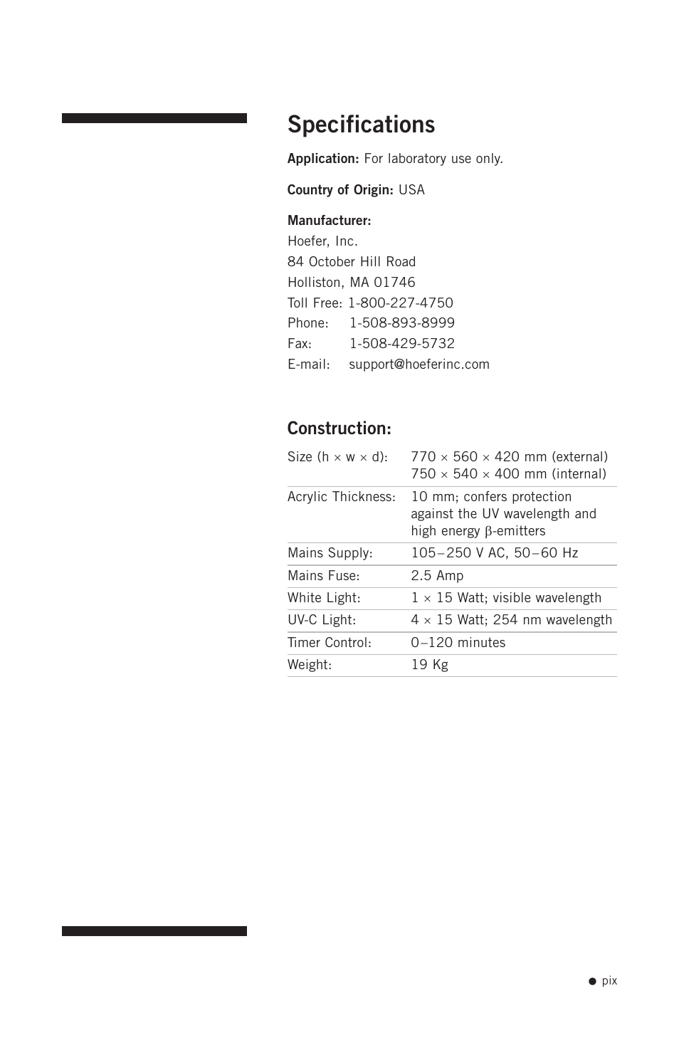 Specifications, Construction | Hoefer PCR1000 User Manual | Page 10 / 19