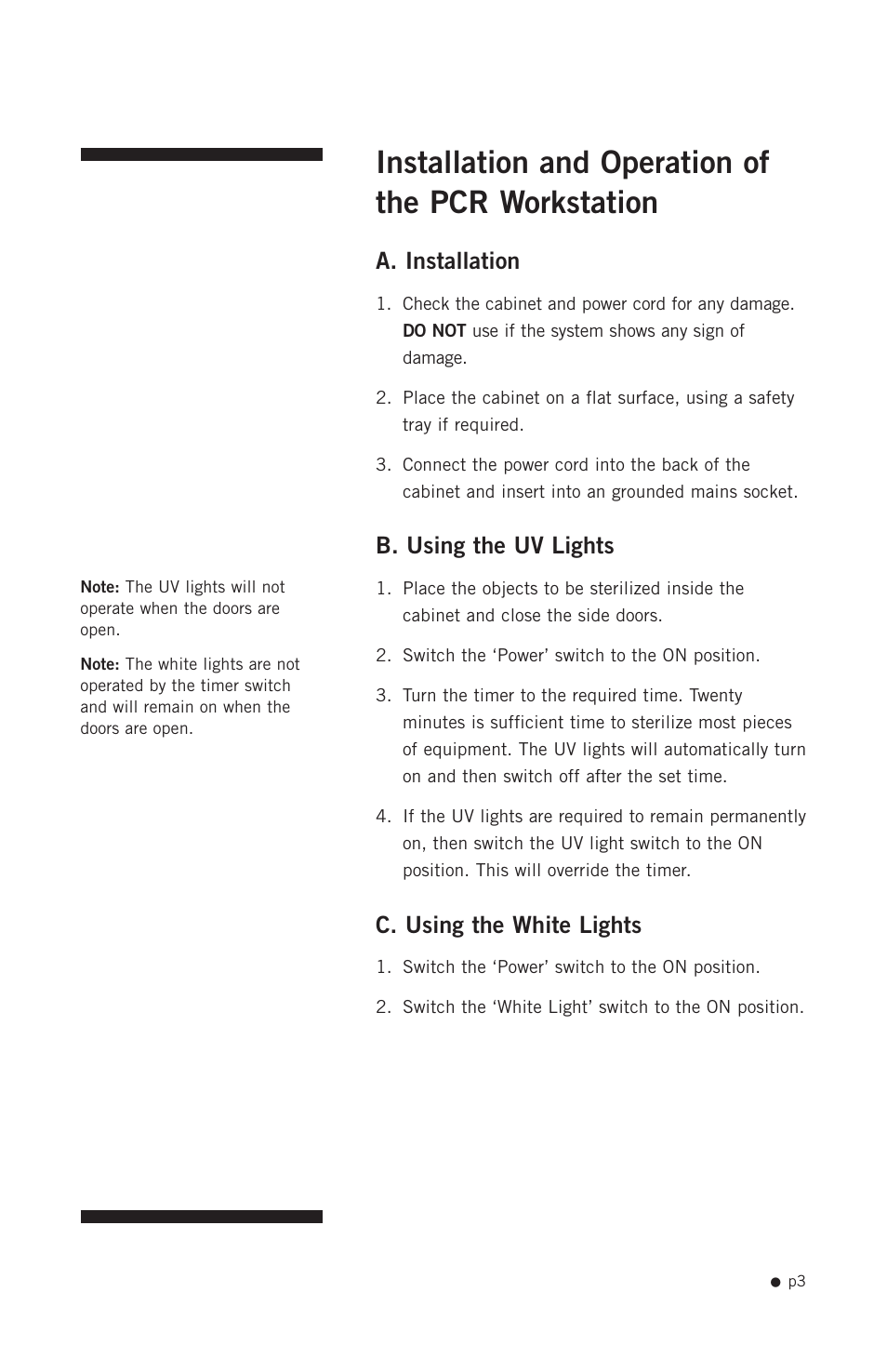 Installation and operation of the pcr workstation, A. installation, B. using the uv lights | C. using the white lights | Hoefer PCR1000 User Manual | Page 14 / 19