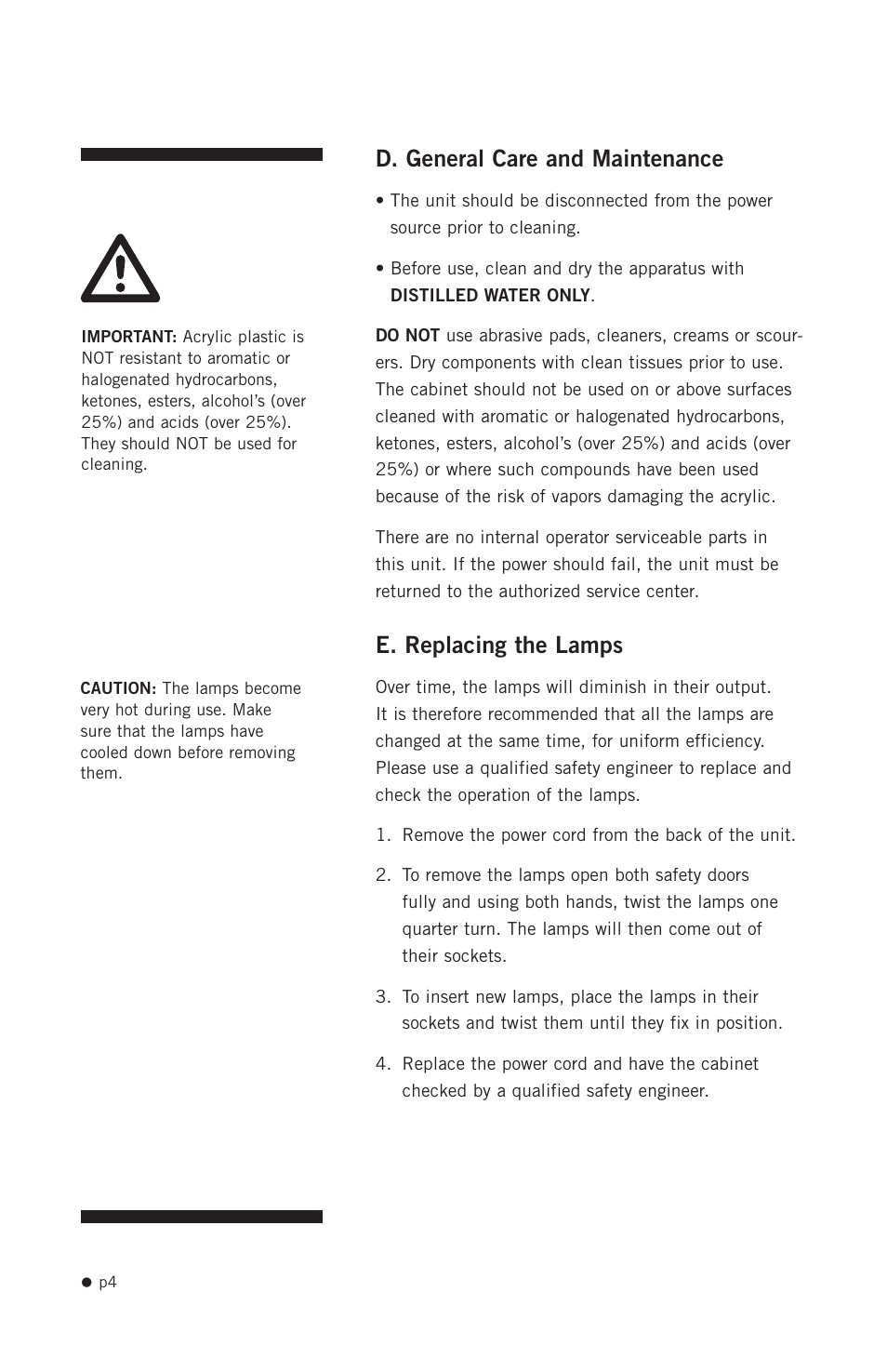 D. general care and maintenance, E. replacing the lamps | Hoefer PCR1000 User Manual | Page 15 / 19