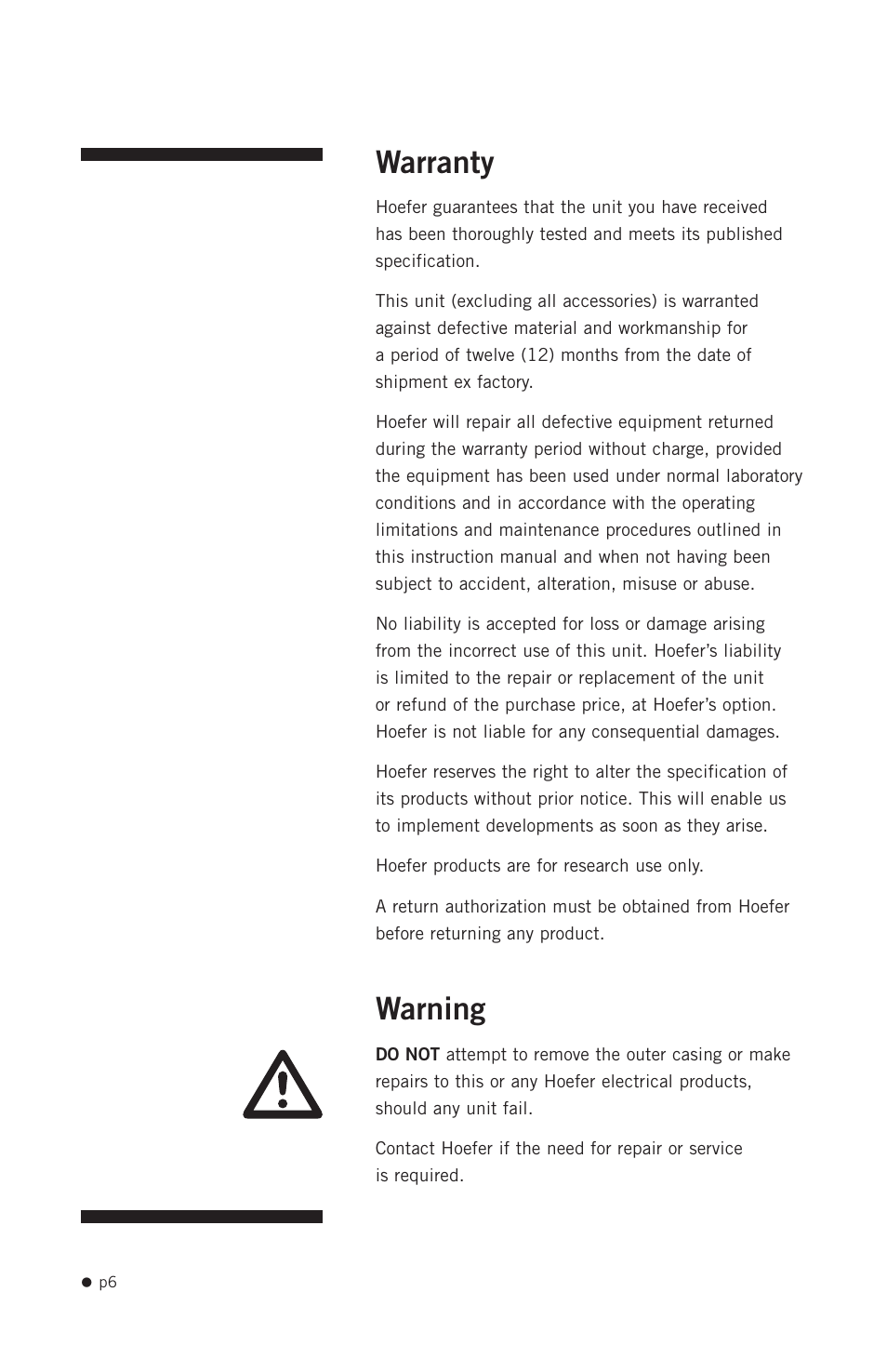 Warranty, Warning | Hoefer PCR1000 User Manual | Page 17 / 19