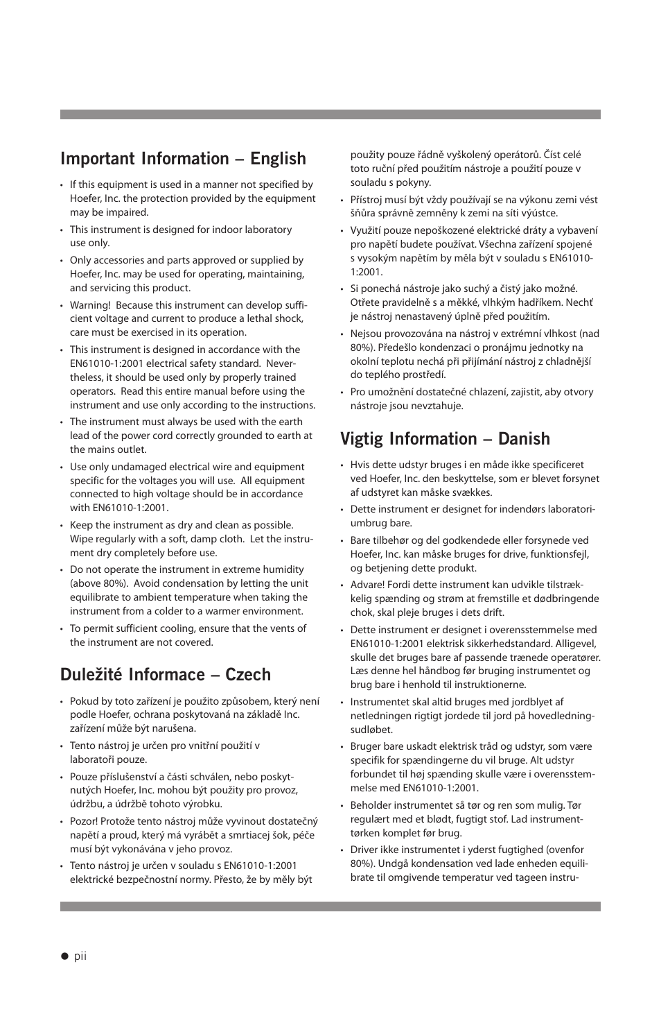 Important information – english, Duležité informace – czech, Vigtig information – danish | Hoefer PCR1000 User Manual | Page 3 / 19