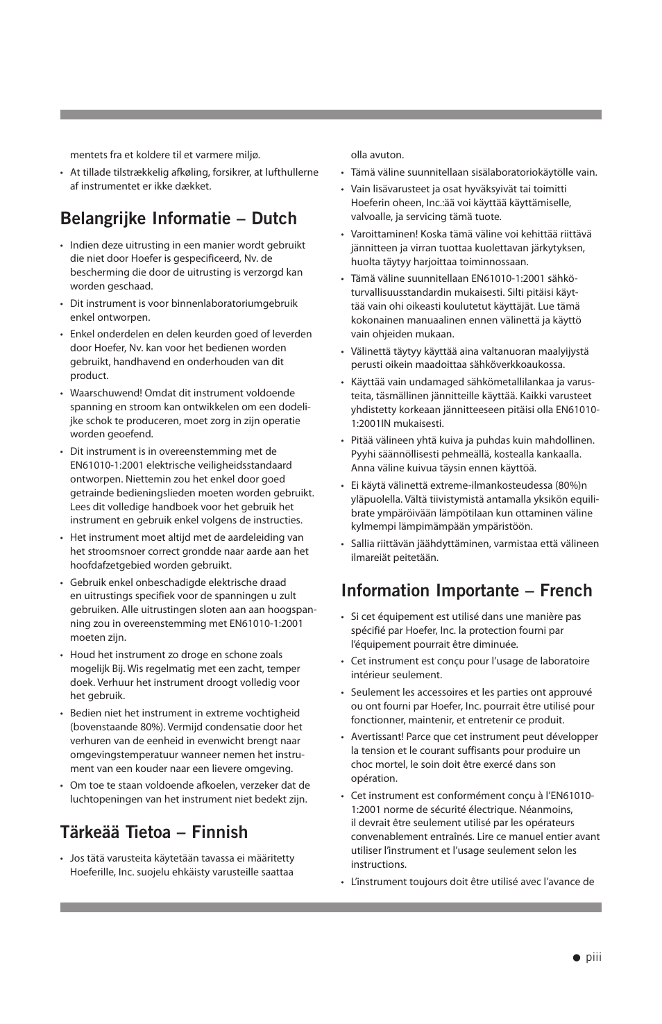 Belangrijke informatie – dutch, Tärkeää tietoa – finnish, Information importante – french | Hoefer PCR1000 User Manual | Page 4 / 19