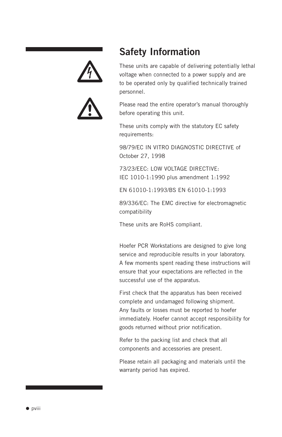 Safety information | Hoefer PCR1000 User Manual | Page 9 / 19