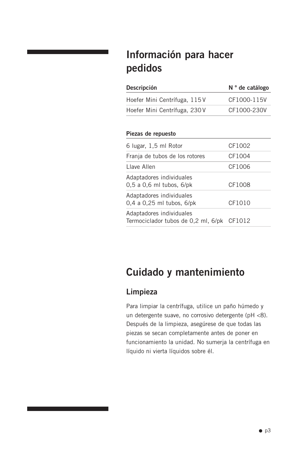 Información para hacer pedidos, Cuidado y mantenimiento, Limpieza | Hoefer CF1000 User Manual | Page 13 / 15