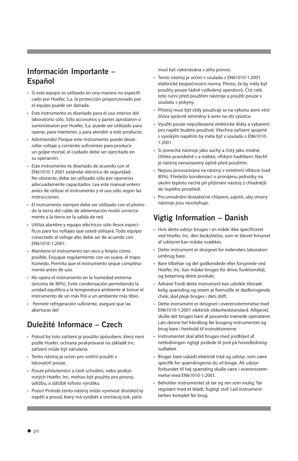Información importante – español, Duležité informace – czech, Vigtig information – danish | Hoefer CF1000 User Manual | Page 3 / 15