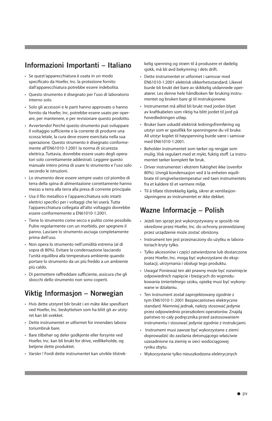 Informazioni importanti – italiano, Viktig informasjon – norwegian, Wazne informacje – polish | Hoefer CF1000 User Manual | Page 6 / 15