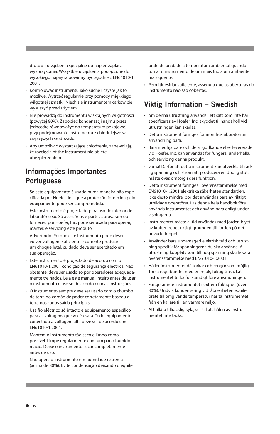 Informações importantes – portuguese, Viktig information – swedish | Hoefer CF1000 User Manual | Page 7 / 15