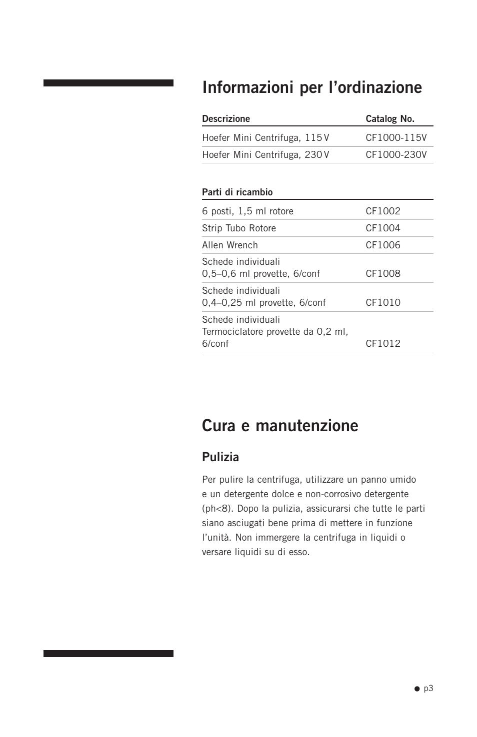 Informazioni per l’ordinazione, Cura e manutenzione, Pulizia | Hoefer CF1000 User Manual | Page 13 / 15