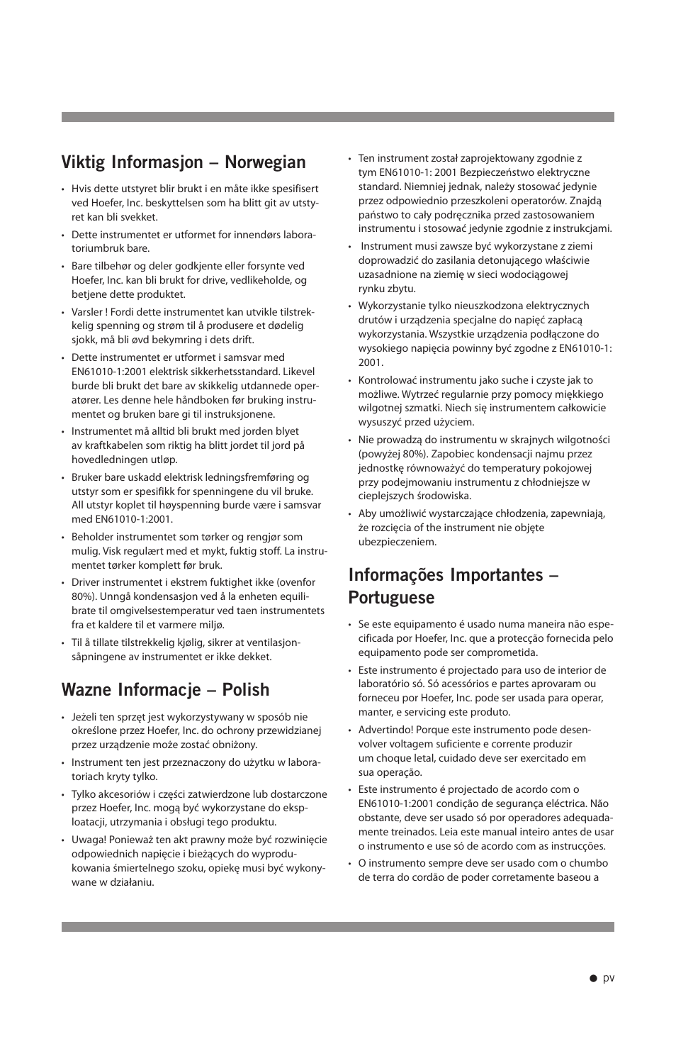 Viktig informasjon – norwegian, Wazne informacje – polish, Informações importantes – portuguese | Hoefer CF1000 User Manual | Page 6 / 15