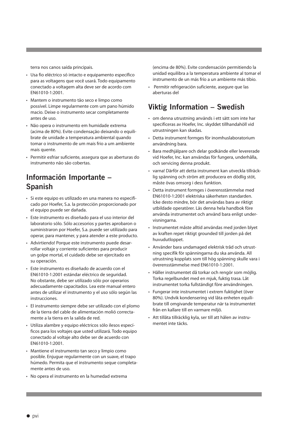 Información importante – spanish, Viktig information – swedish | Hoefer CF1000 User Manual | Page 7 / 15