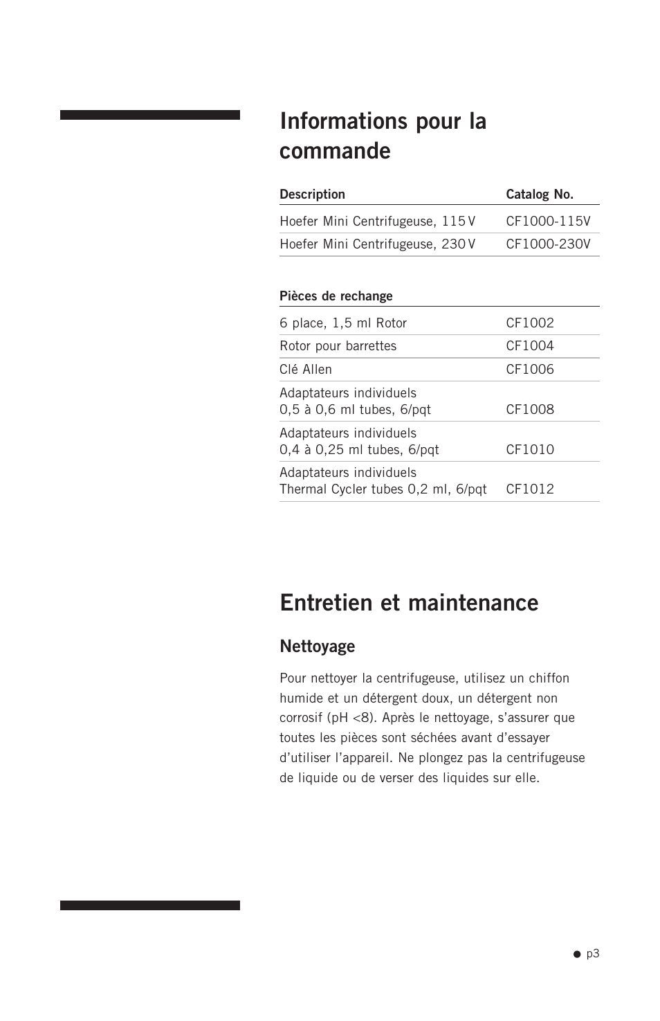 Informations pour la commande, Entretien et maintenance, Nettoyage | Hoefer CF1000 User Manual | Page 13 / 15