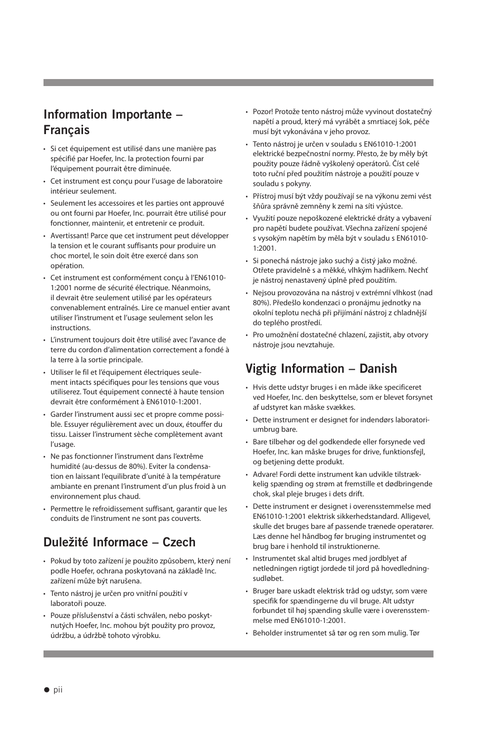 Information importante – français, Duležité informace – czech, Vigtig information – danish | Hoefer CF1000 User Manual | Page 3 / 15