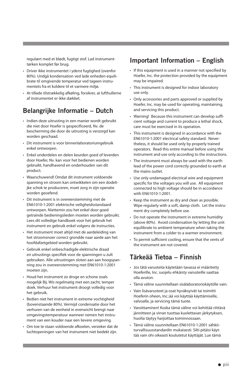 Belangrijke informatie – dutch, Important information – english, Tärkeää tietoa – finnish | Hoefer CF1000 User Manual | Page 4 / 15