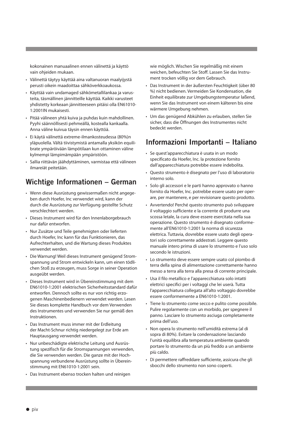 Wichtige informationen – german, Informazioni importanti – italiano | Hoefer CF1000 User Manual | Page 5 / 15