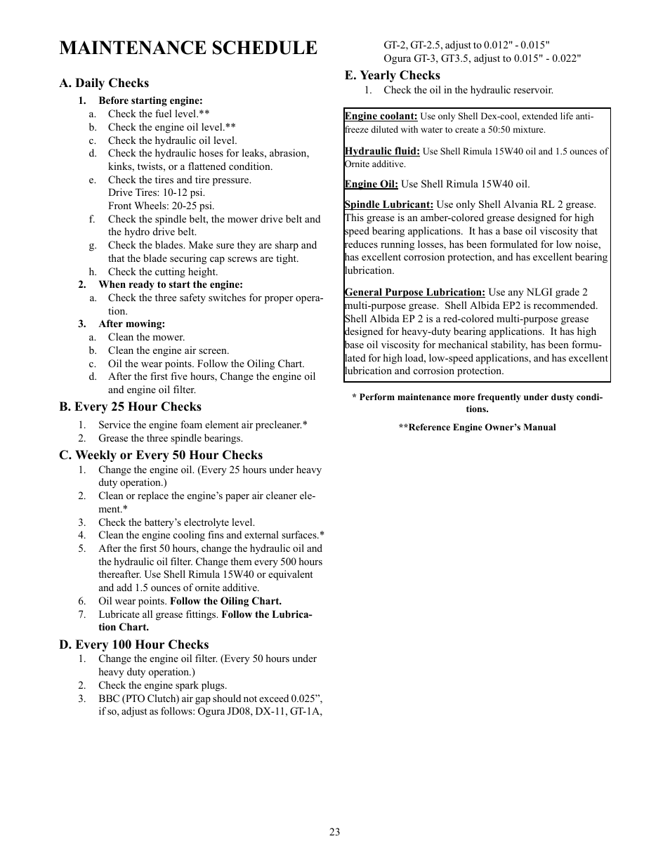 Maintenance schedule | Cub Cadet THE TANK S7237 User Manual | Page 23 / 32