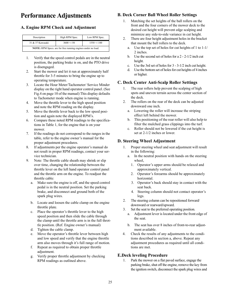 Performance adjustments | Cub Cadet THE TANK S7237 User Manual | Page 25 / 32