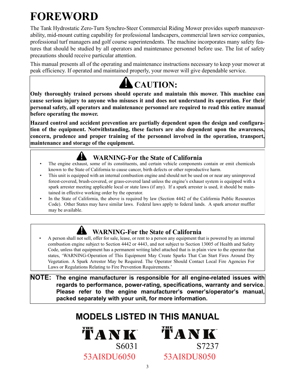 Foreword, Caution, Models listed in this manual | Cub Cadet THE TANK S7237 User Manual | Page 3 / 32