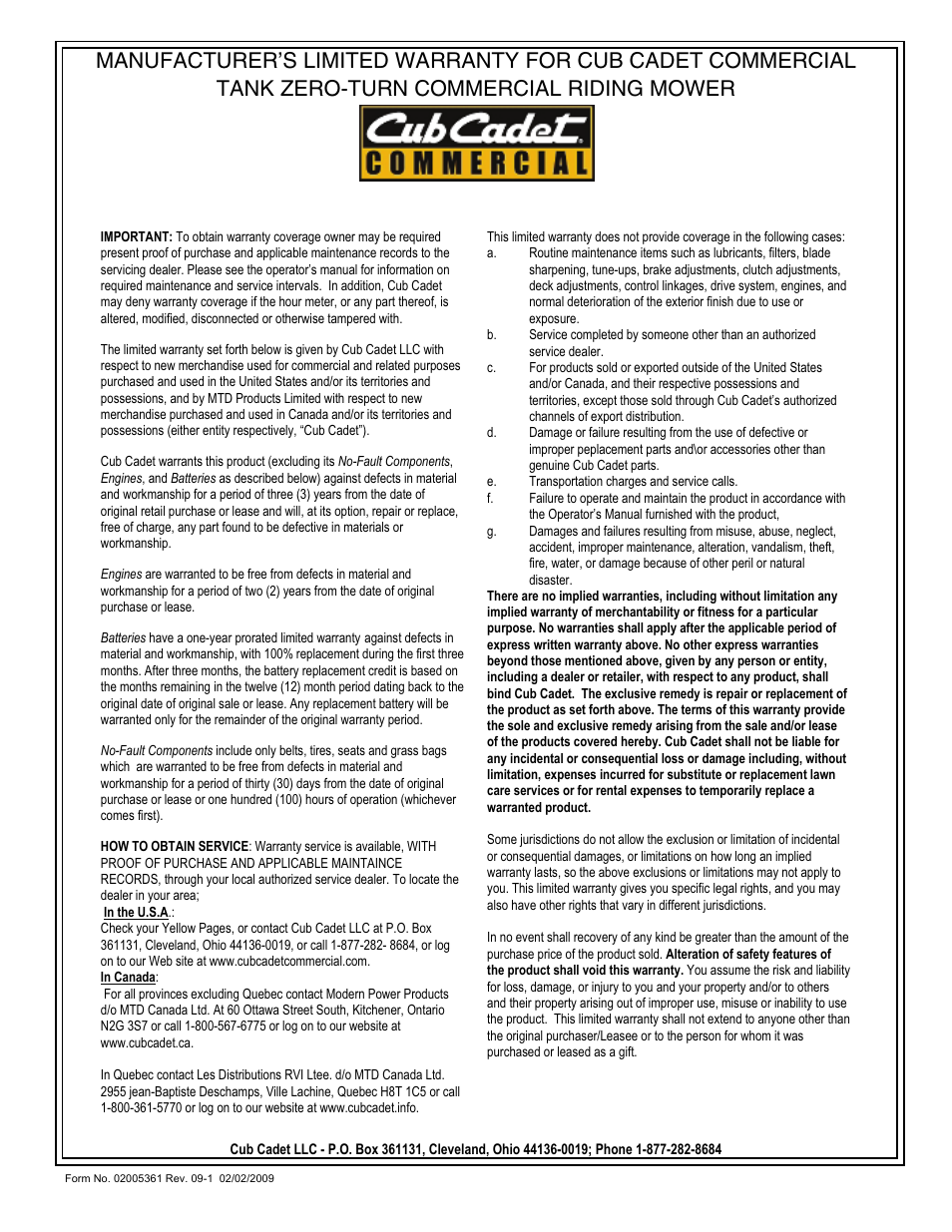 Cub Cadet THE TANK S7237 User Manual | Page 32 / 32