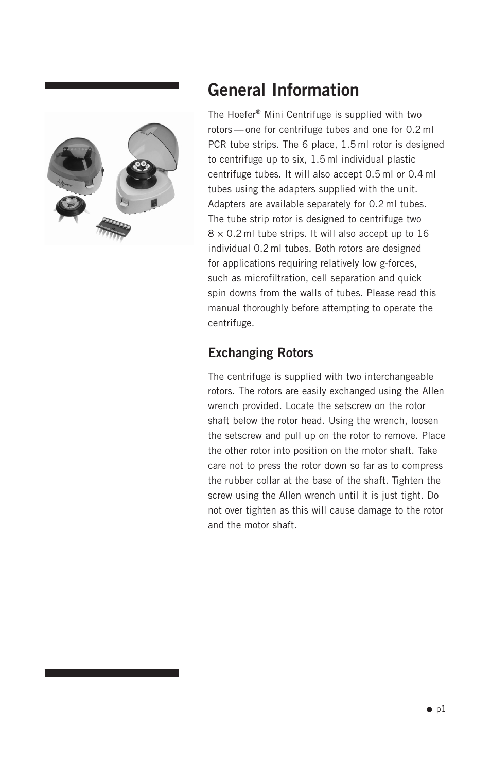 General information, Exchanging rotors | Hoefer CF1000 User Manual | Page 11 / 15