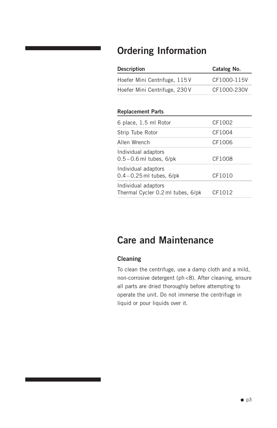 Ordering information, Care and maintenance | Hoefer CF1000 User Manual | Page 13 / 15