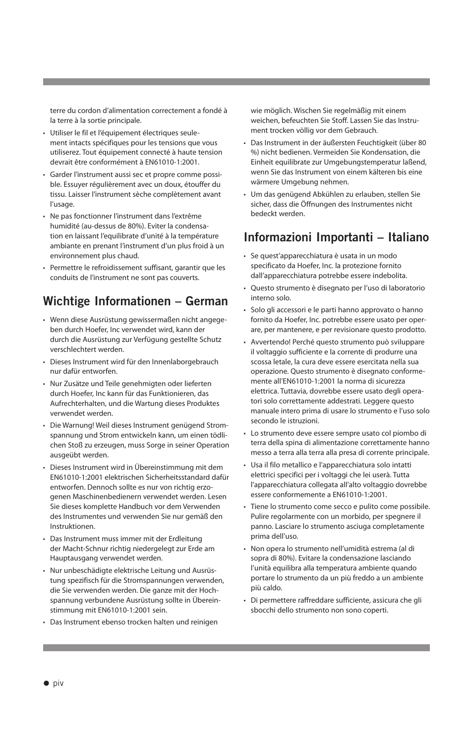 Wichtige informationen – german, Informazioni importanti – italiano | Hoefer CF1000 User Manual | Page 5 / 15