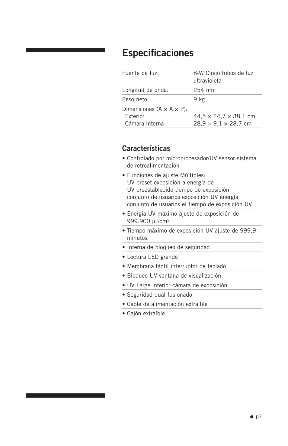 Especificaciones, Características | Hoefer UVC5000 User Manual | Page 12 / 25