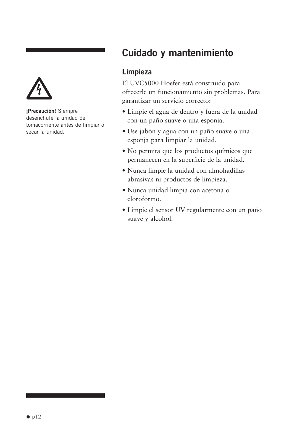 Cuidado y mantenimiento | Hoefer UVC5000 User Manual | Page 21 / 25