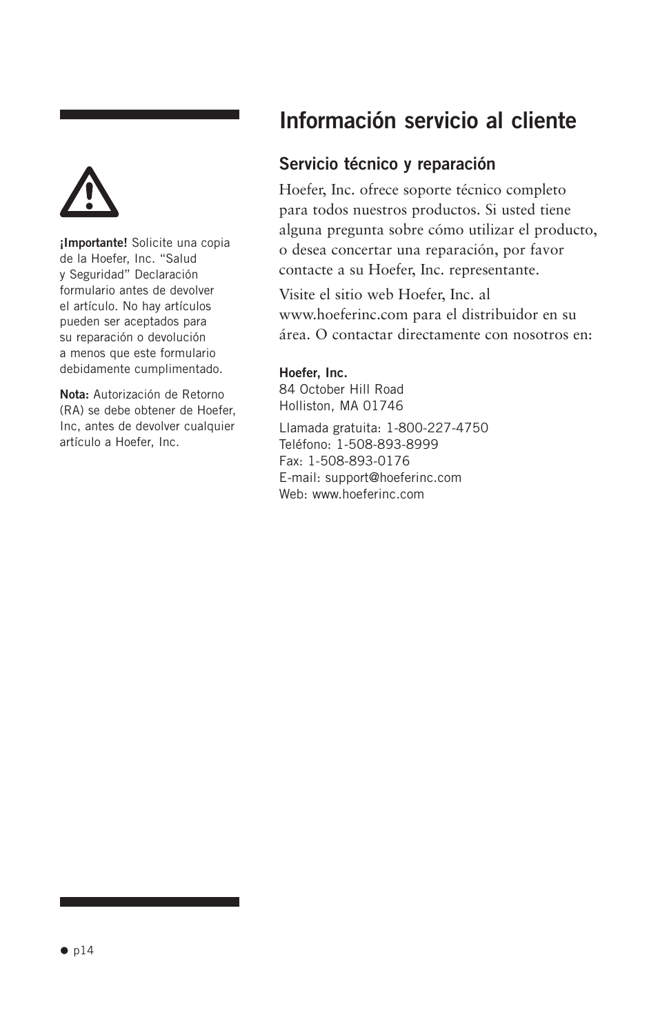 Información servicio al cliente | Hoefer UVC5000 User Manual | Page 23 / 25