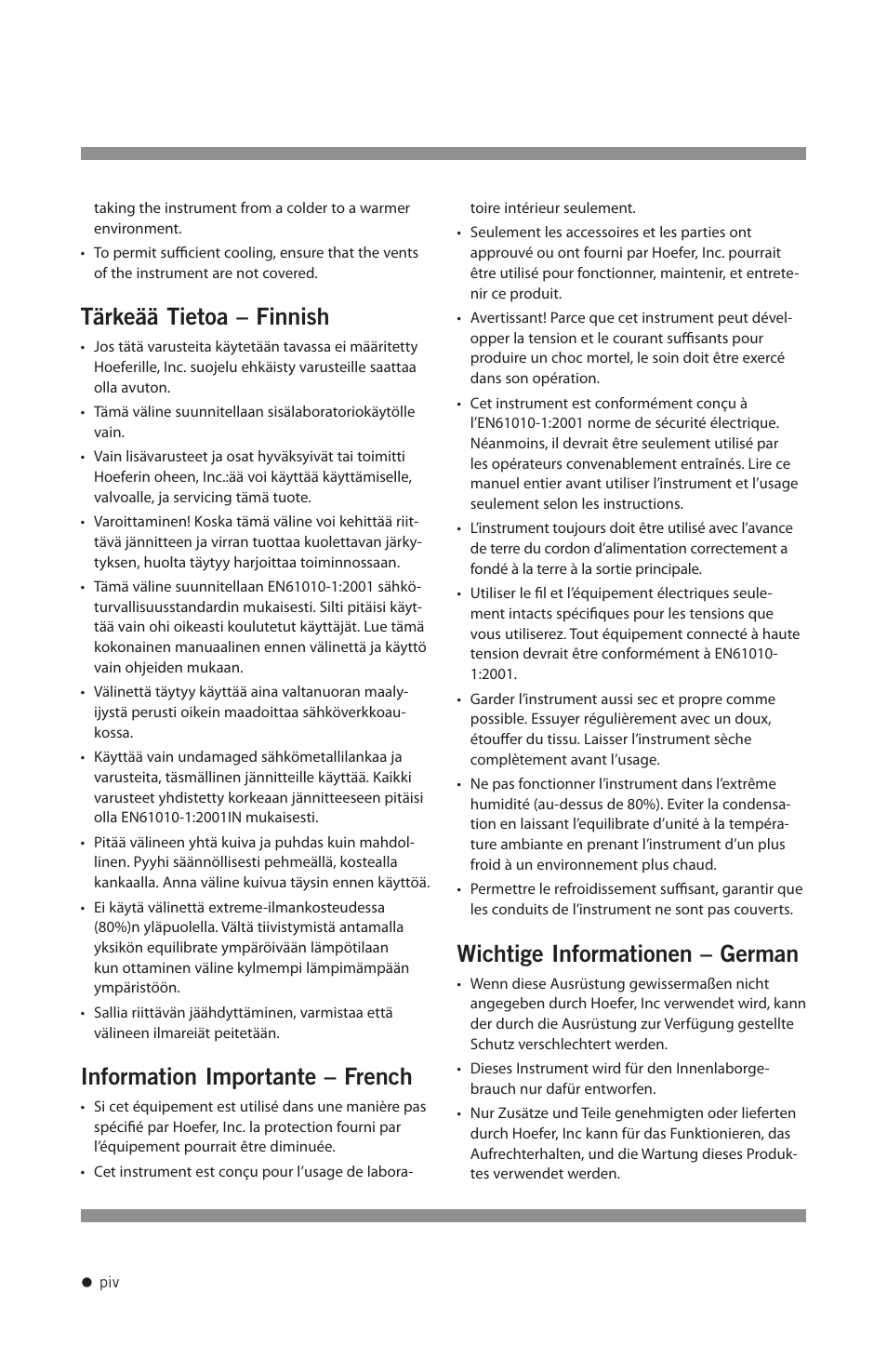 Tärkeää tietoa – finnish, Information importante – french, Wichtige informationen – german | Hoefer UVC5000 User Manual | Page 5 / 25