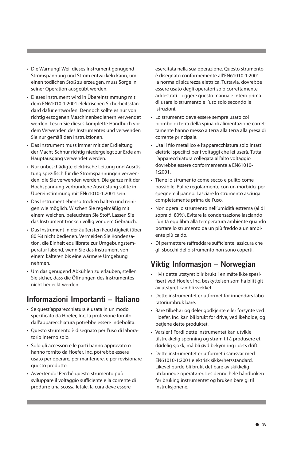 Informazioni importanti – italiano, Viktig informasjon – norwegian | Hoefer UVC5000 User Manual | Page 6 / 25
