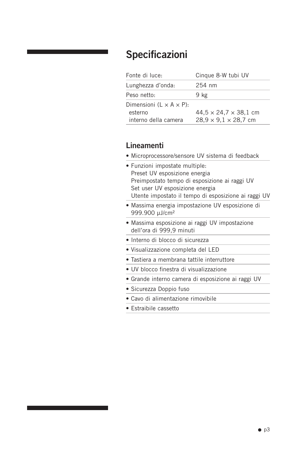 Specificazioni, Lineamenti | Hoefer UVC5000 User Manual | Page 12 / 25