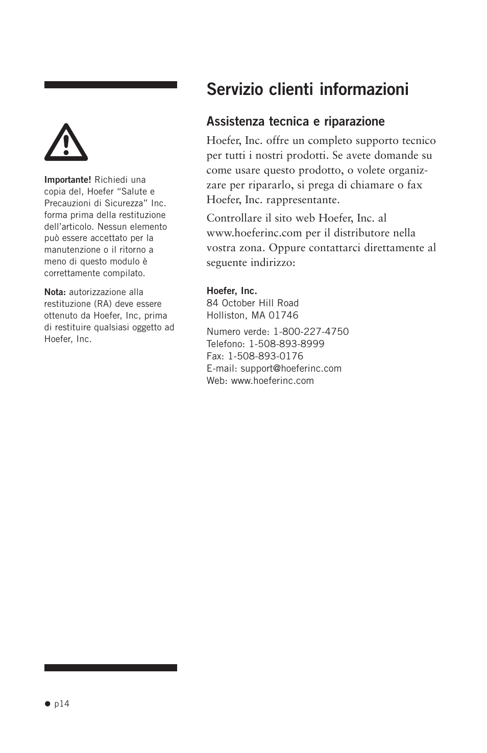 Servizio clienti informazioni | Hoefer UVC5000 User Manual | Page 23 / 25