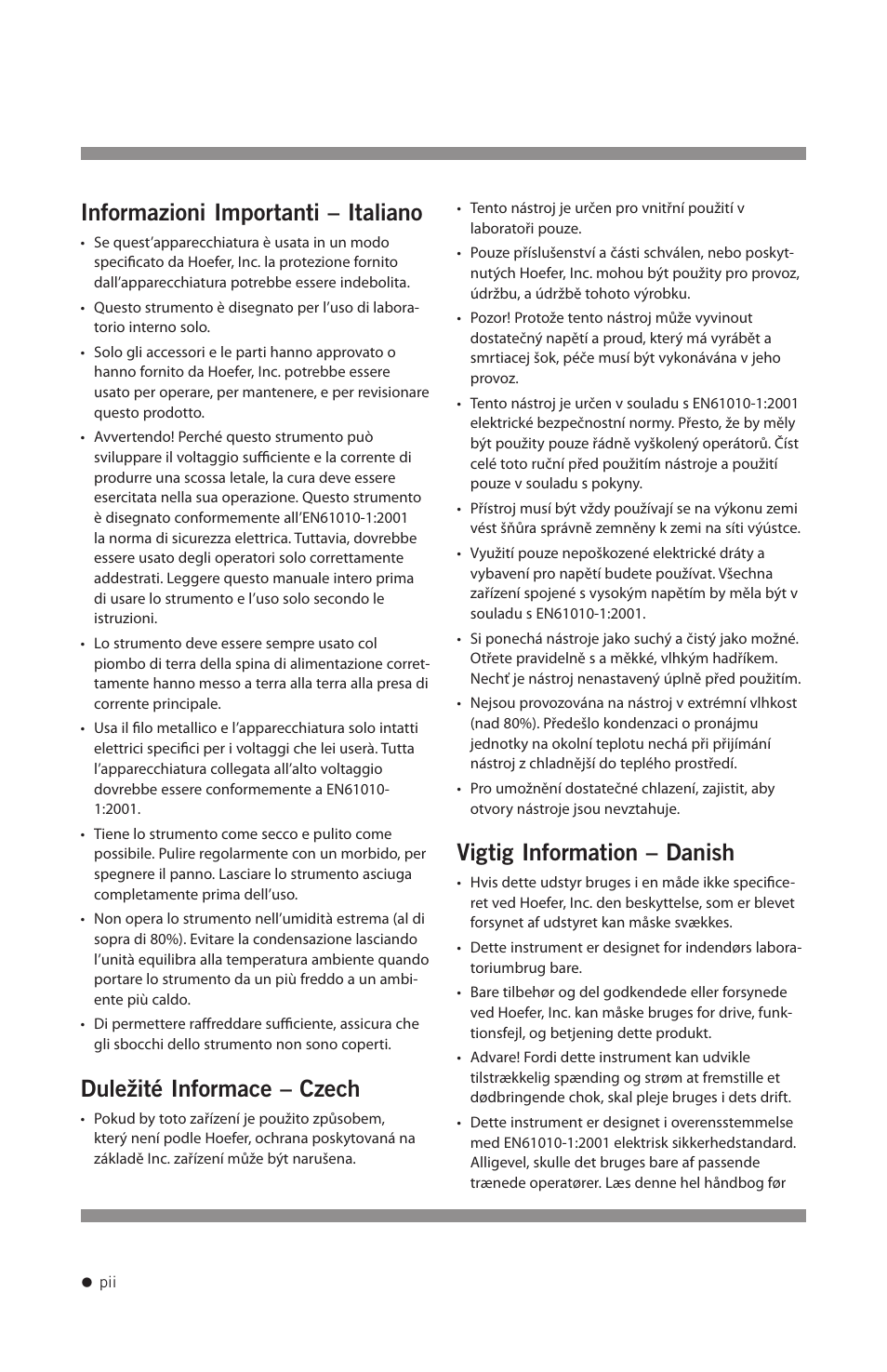 Informazioni importanti – italiano, Duležité informace – czech, Vigtig information – danish | Hoefer UVC5000 User Manual | Page 3 / 25