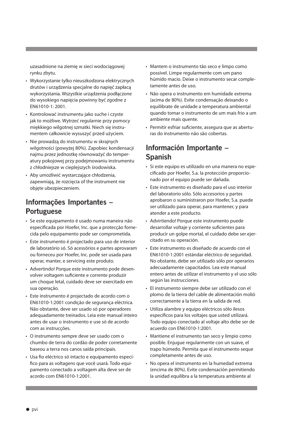 Informações importantes – portuguese, Información importante – spanish | Hoefer UVC5000 User Manual | Page 7 / 25