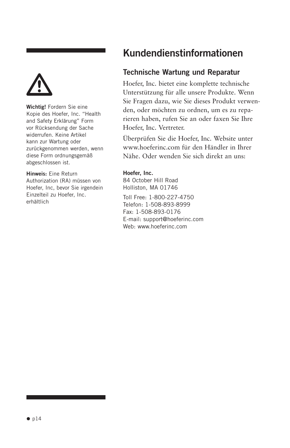 Kundendienstinformationen | Hoefer UVC5000 User Manual | Page 23 / 25