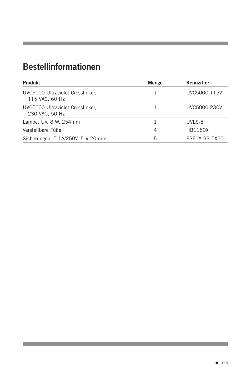 Bestellinformationen | Hoefer UVC5000 User Manual | Page 24 / 25