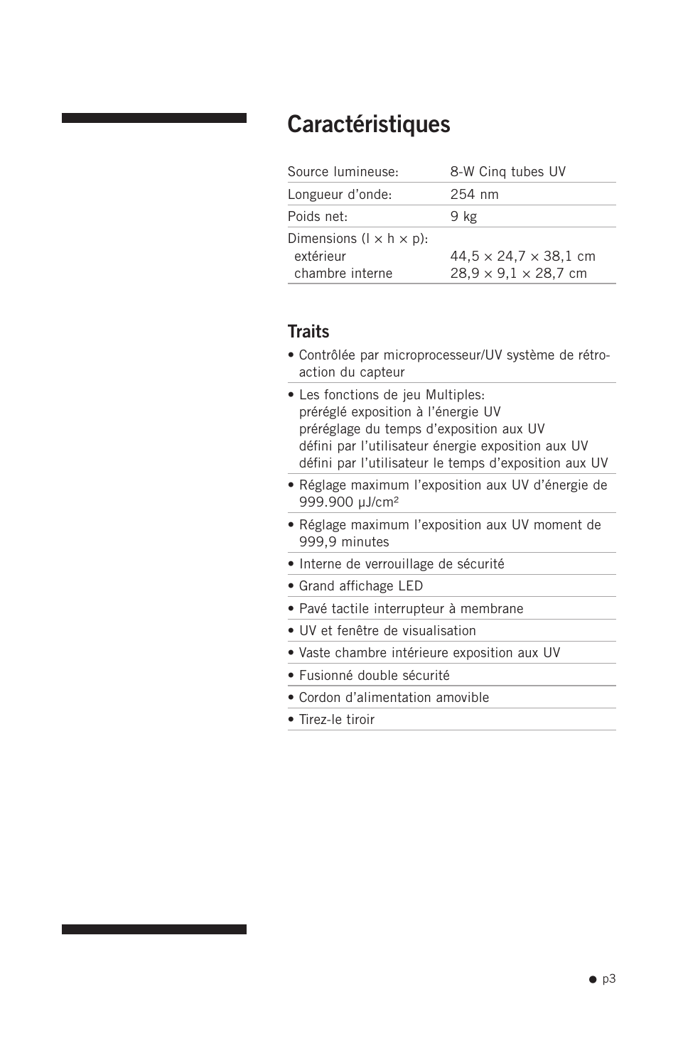 Caractéristiques, Traits | Hoefer UVC5000 User Manual | Page 12 / 25