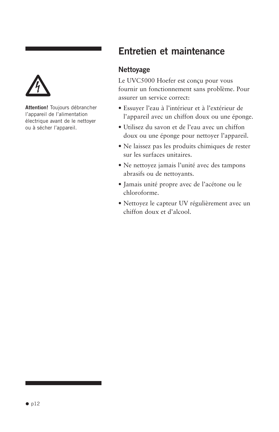 Entretien et maintenance | Hoefer UVC5000 User Manual | Page 21 / 25