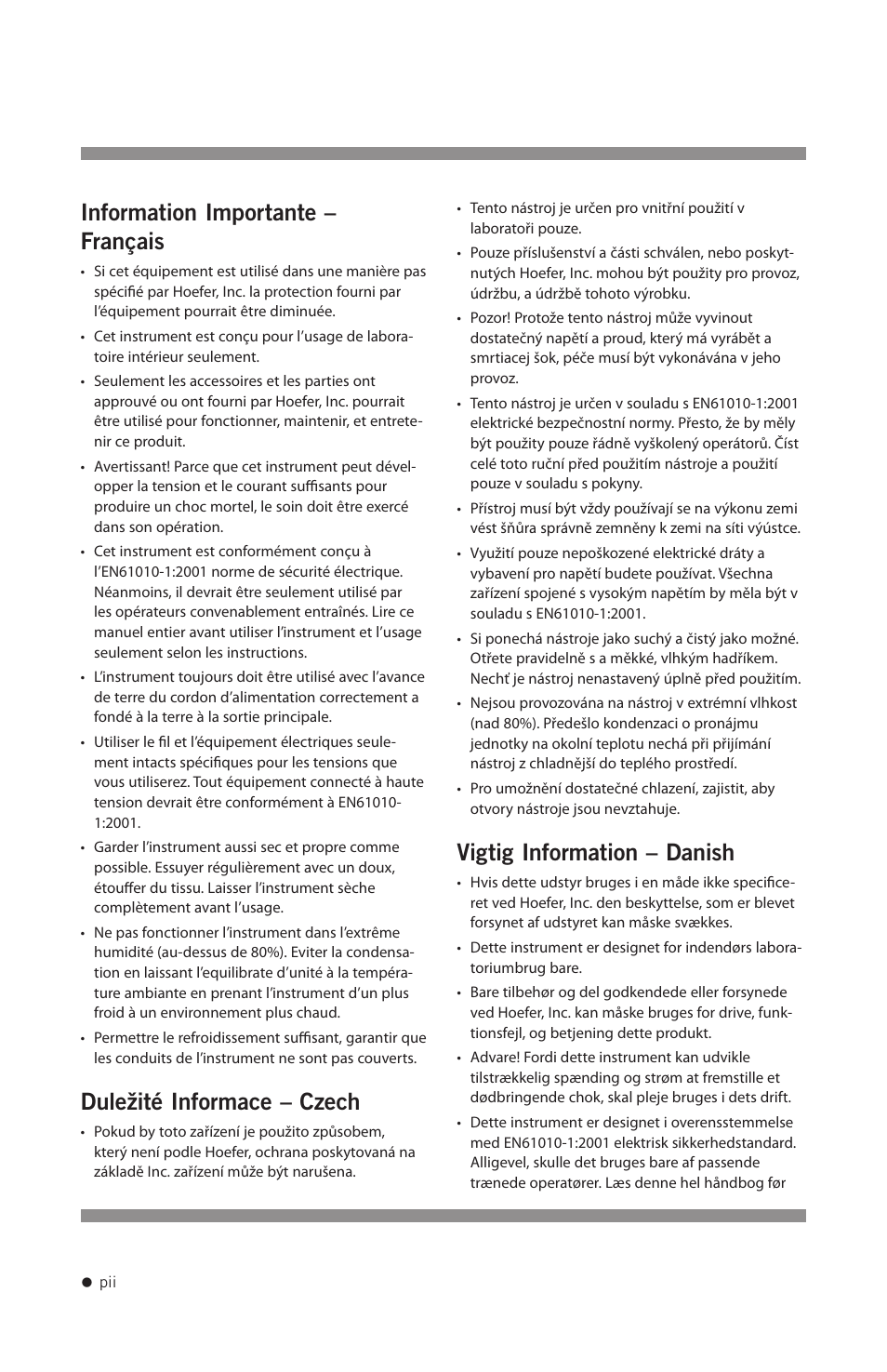 Information importante – français, Duležité informace – czech, Vigtig information – danish | Hoefer UVC5000 User Manual | Page 3 / 25