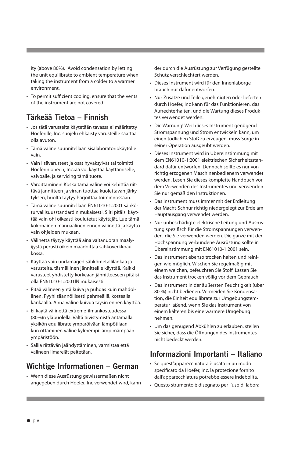 Tärkeää tietoa – finnish, Wichtige informationen – german, Informazioni importanti – italiano | Hoefer UVC5000 User Manual | Page 5 / 25