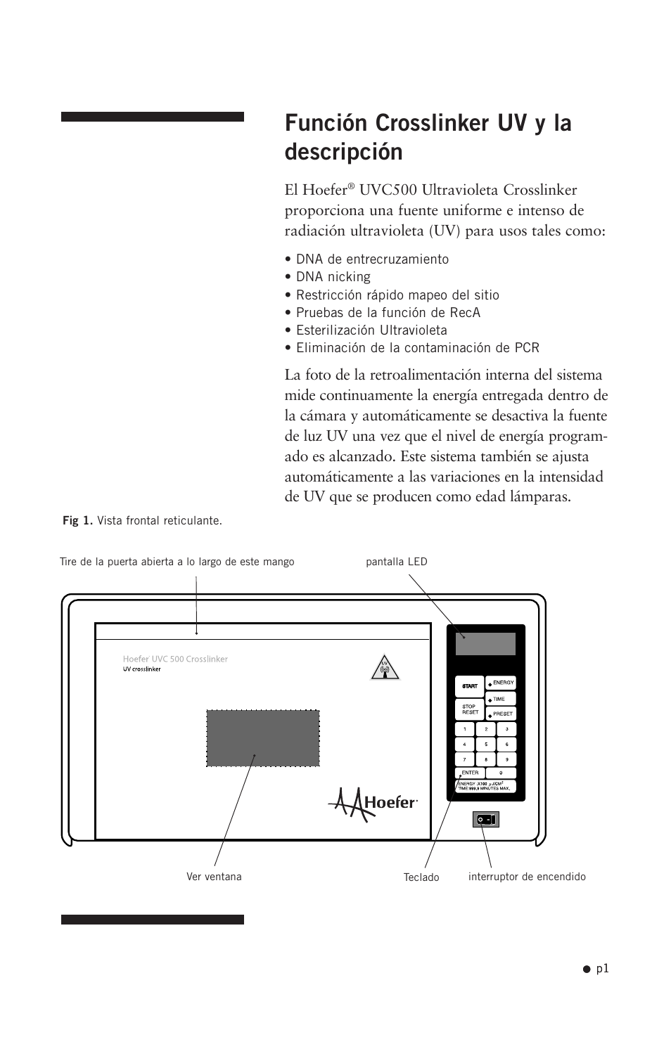 Función crosslinker uv y la descripción | Hoefer UVC500 User Manual | Page 10 / 24