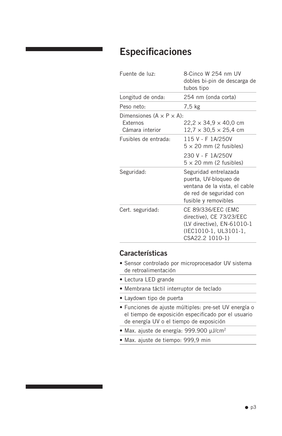 Especificaciones, Características | Hoefer UVC500 User Manual | Page 12 / 24
