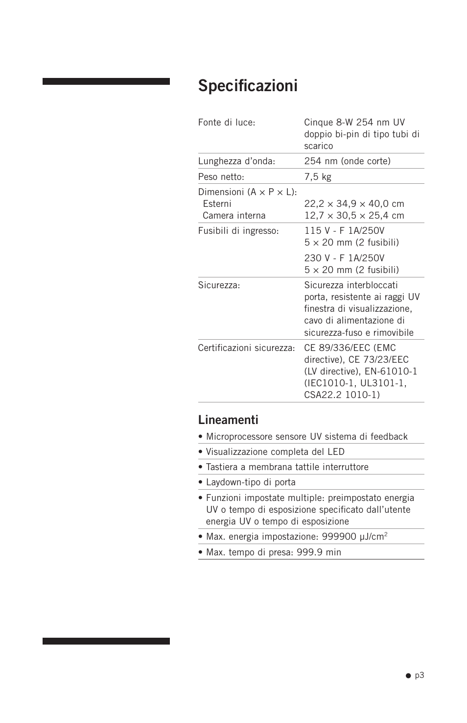 Specificazioni, Lineamenti | Hoefer UVC500 User Manual | Page 12 / 24
