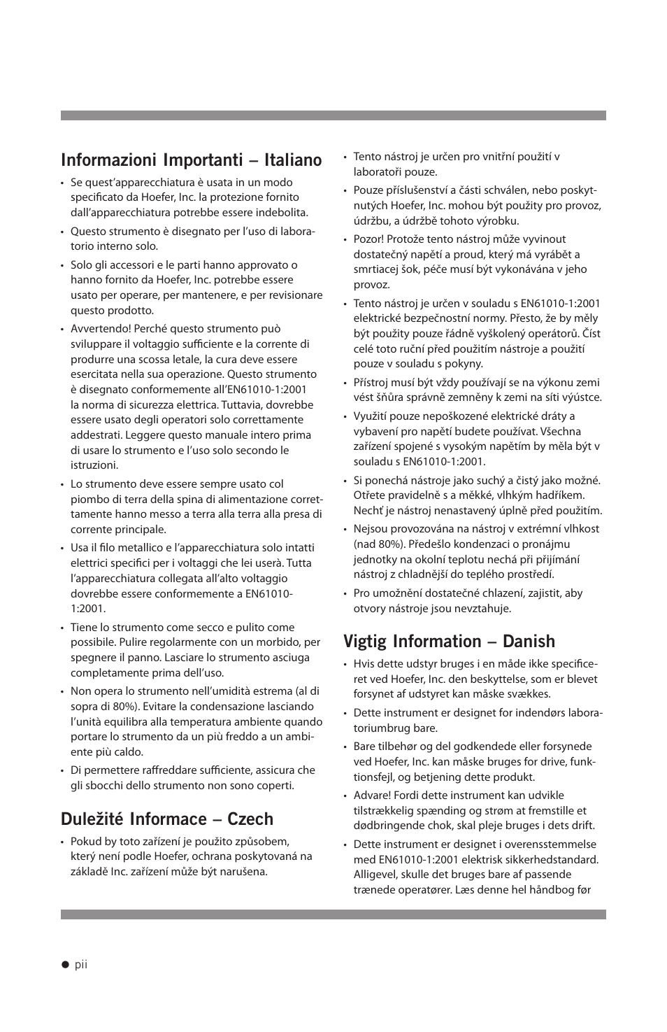 Informazioni importanti – italiano, Duležité informace – czech, Vigtig information – danish | Hoefer UVC500 User Manual | Page 3 / 24