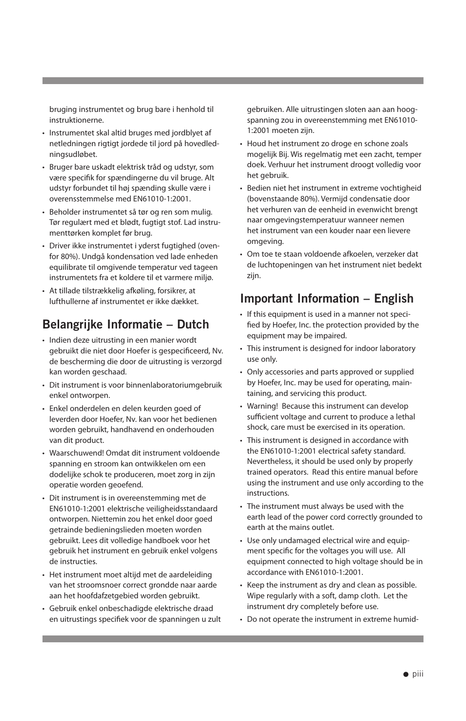 Belangrijke informatie – dutch, Important information – english | Hoefer UVC500 User Manual | Page 4 / 24